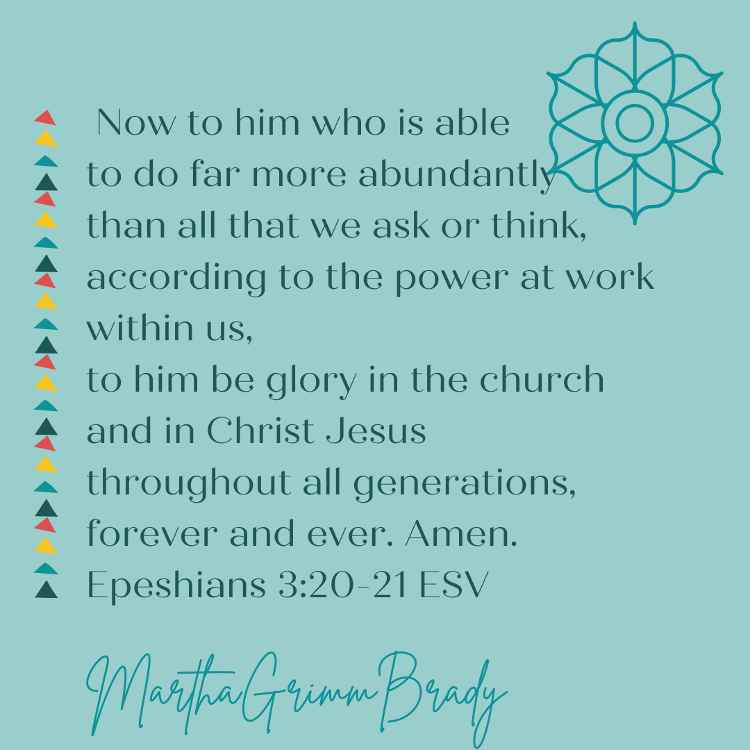 Light teal background with Ephesians 3:20-21 on foreground with quilting symbols at edges of graphic.