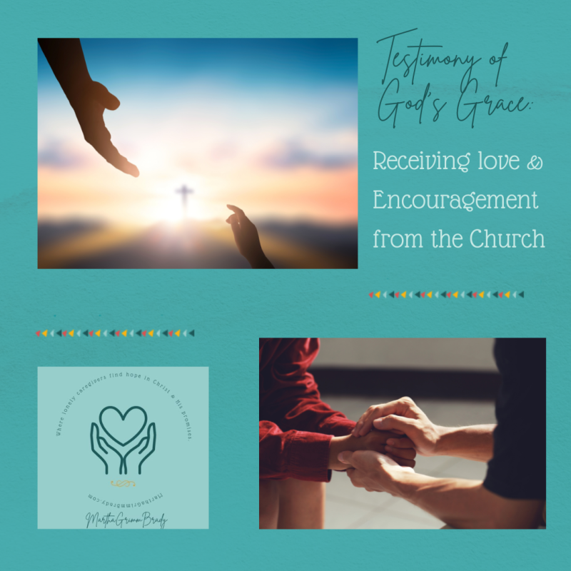 Background of medium teal. Large photo of large hand that symbolizes God's hand reaching down to us in grace. Smaller hand symbolizes human hand reaching up toward God (that doesn't come naturally.) The cross in the middle where Jesus paid the price for our sin. The lower right photo illustrates this week's theme: Receiving encouragement from the church. It was a great chapter.
