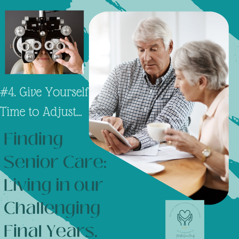 Teal background. Large photo on right is an older couple who are working together to plan for the future. The smaller photo is a photo of someone getting an eye exam where the adjustments are made for their lens prescription.