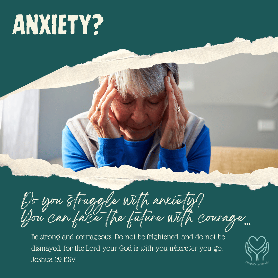 Background dark teal. foreground "Anxiety?" "Do you struggle with anxiety? You can face the future with courage." + Joshua 1:9 ESV