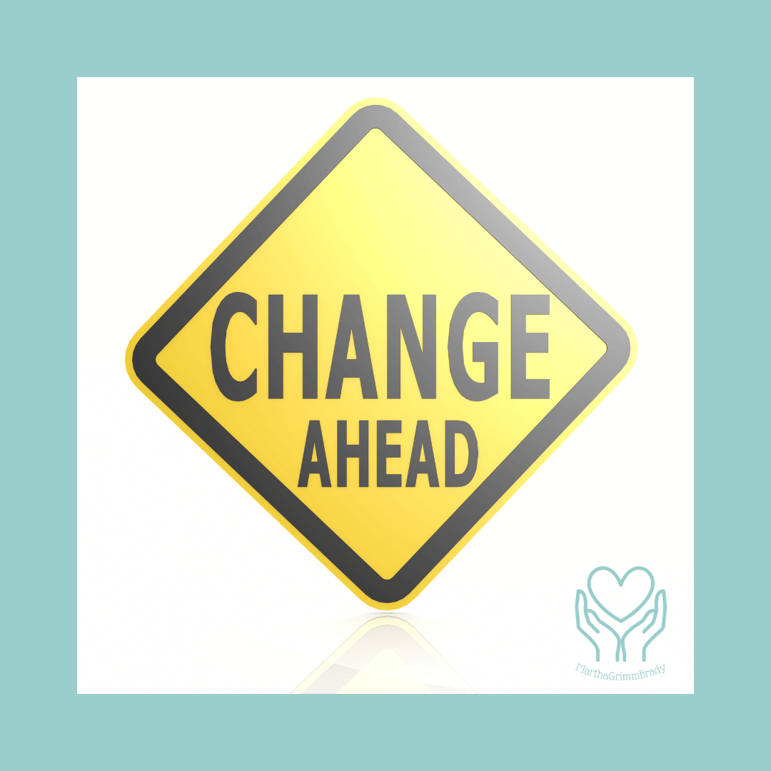 CHANGE AHEAD road sign on yellow background with light teal border