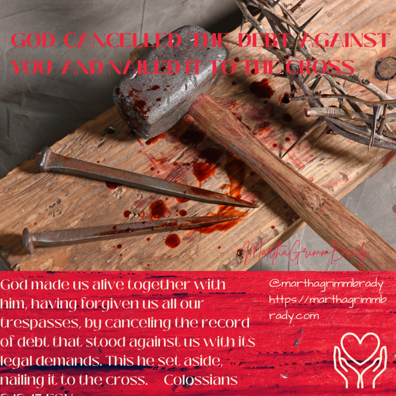 Photo of Hammer, spikes and crown of thorns with blood on spikes and Colossians 2:12-13 in.foreground.