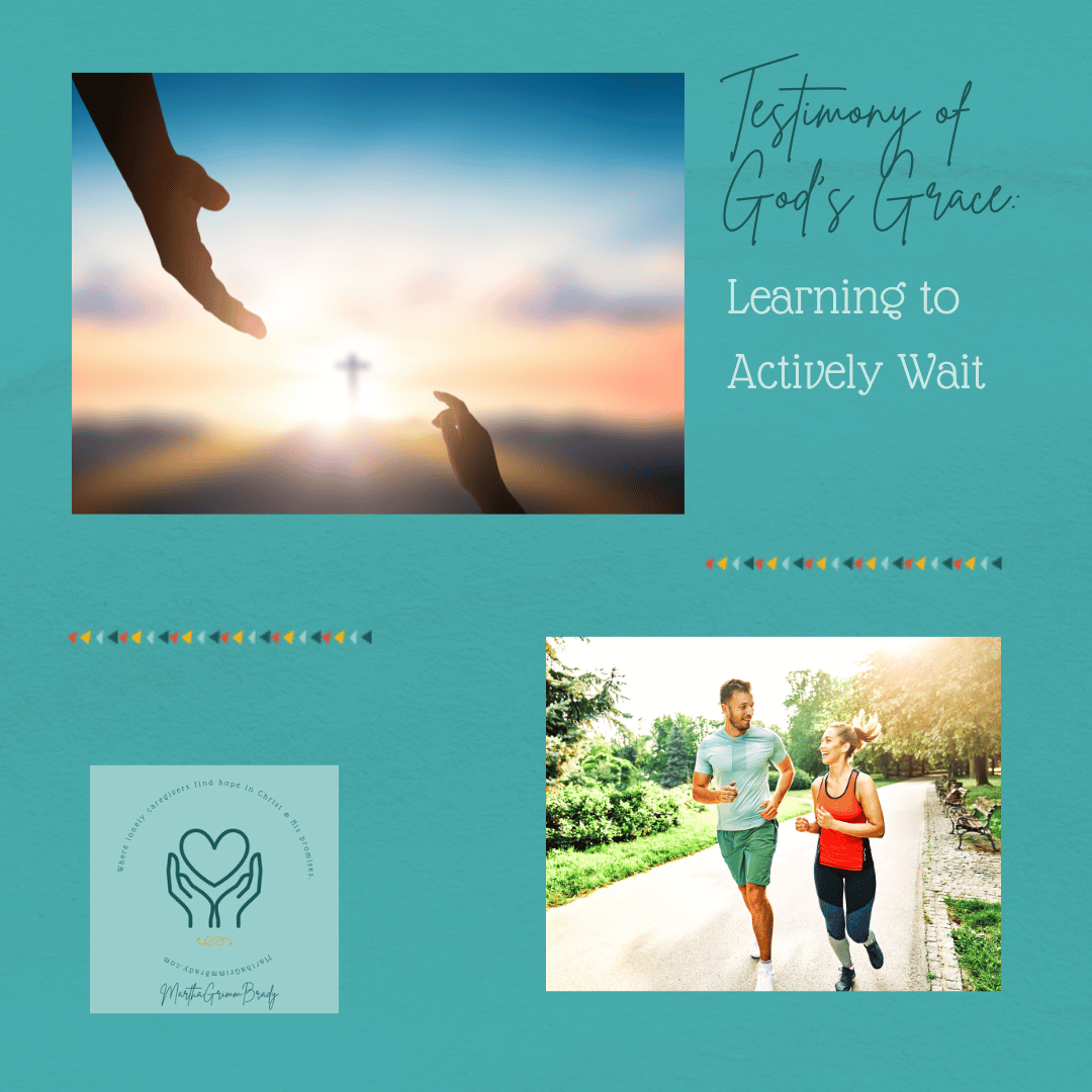 On background of medium teal is large photo of large hand reaching down to small hand reaching up. Cross in the middle that symbolizes Jesus' advocating for our sin before the Father. This is the overall thesme of the series. The smaller photo is of a couple jogging. It is similar to what we were doing during this period as we actively waited. We had to live our lives, care for our children, make a living, feed our family while waiting for a job to come through for Ron. We couldn't just sit and wait for it all to come to us. He had to apply for jobs, talk on the phone in job interviews, and even travel to churches for in-person interviews.