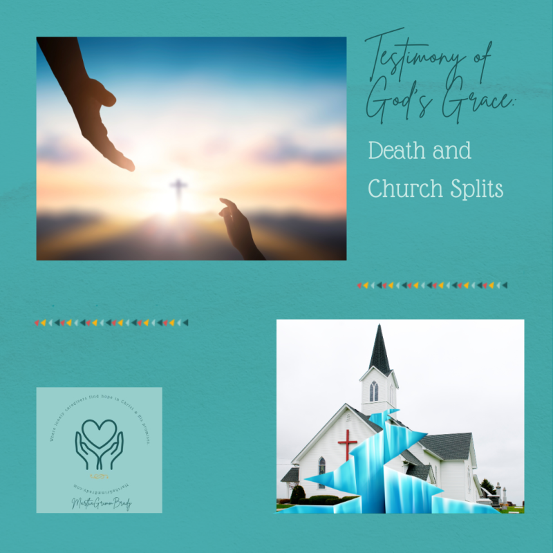 Series photo of large hand reaching down to small hand on medium teal background. This week's theme photo had church that is split apart.
