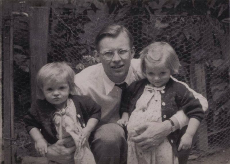Old photo of my sister and me with our father circa 1949.