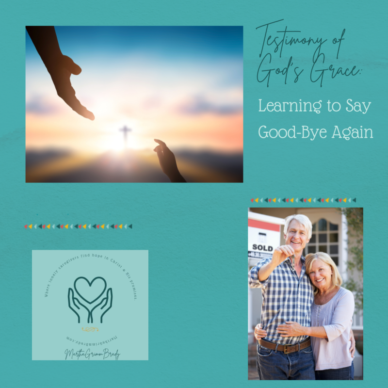 Background medium teal. Large photo of large hand symbolizing God's hand reaching down in grace to small hand (mankind) reaching up for mercy. Theme of series is Testimony of God's Grace. Photo this week is couple saying Good-Bye again.