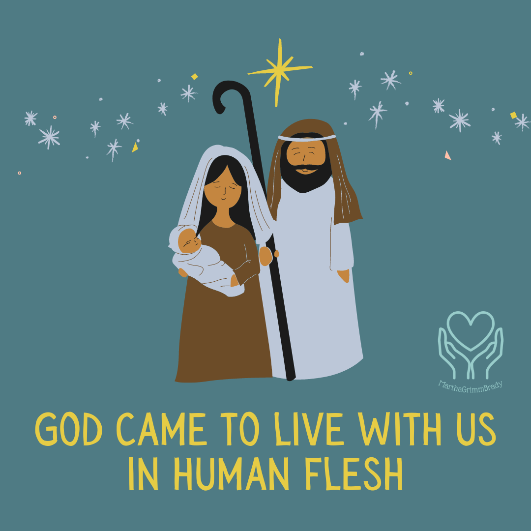 medium blue background with Mary, Joseph, and Baby Jesus under a star. There is a title in gold under them.