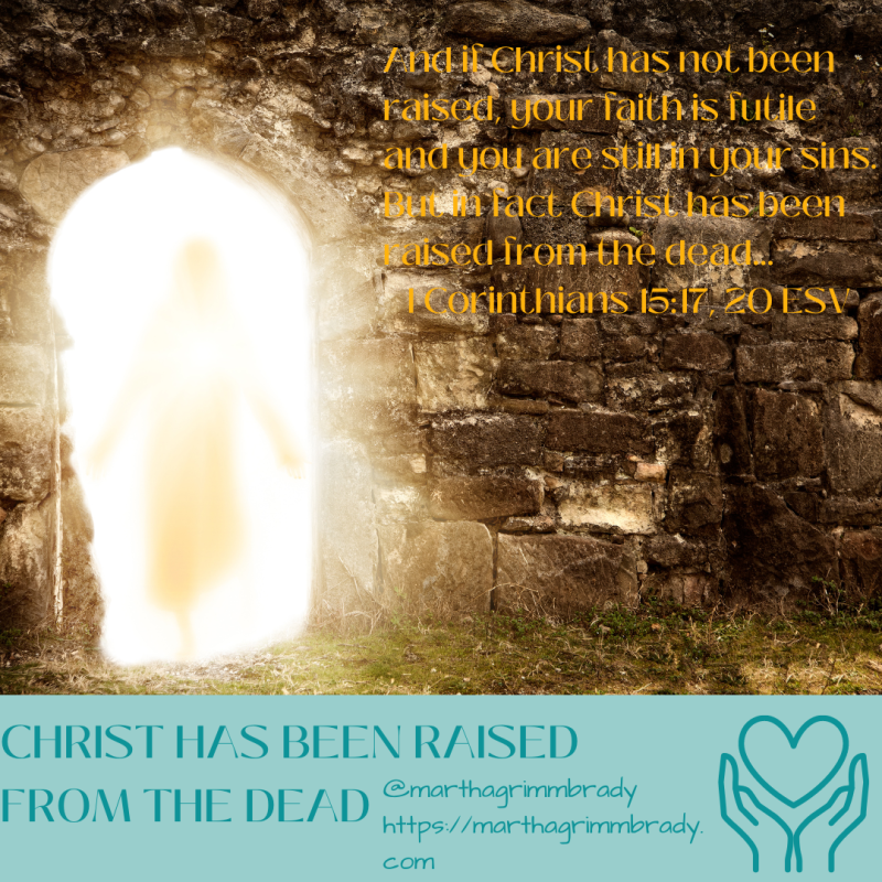 Photo of the open tomb with bright light and Jesus' resurrected body (simulated) with I Corinthians 15:17,20 written in foreground.