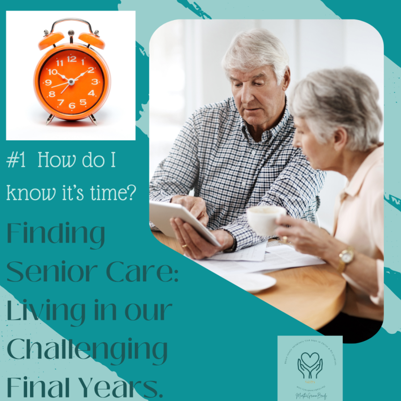 Photos on teal background. Right larger photo is of an older couple who are discussing together, trying to make a decision. The top left photo is of a clock. When is the time to make this decision?